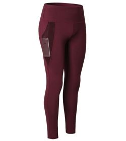 High Waist Out Pocket Yoga Pants Tummy Control Workout Running Yoga Leggings (Color: Dark Red, size: XL)