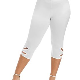 Plus Size High Rise Cut Out Capri Leggings; Women's Plus Medium Stretch Solid Casual Leggings (Color: White, size: 5XL(22))