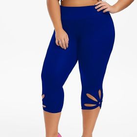 Plus Size High Rise Cut Out Capri Leggings; Women's Plus Medium Stretch Solid Casual Leggings (Color: Blue, size: 5XL(22))